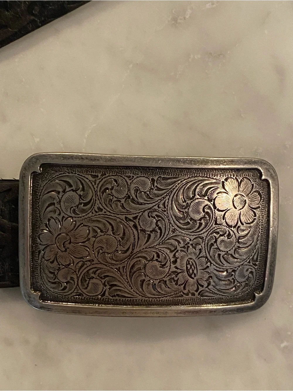 Fossil Black Tooled Leather Belt with Ornate Metal Buckle